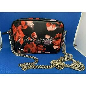 NWT Victoria's Secret Black Red Rose Floral Cross Body Bag Purse w/Gold Chain